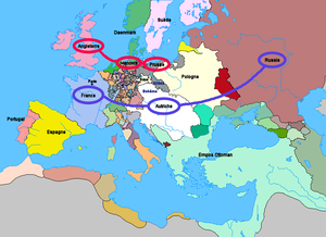 The new alliances formed as a result of the Diplomatic Revolution of 1756; Austria switched from a British ally to a French ally; Prussia became a British ally. Carte Guerre de Sept Ans Europe.PNG