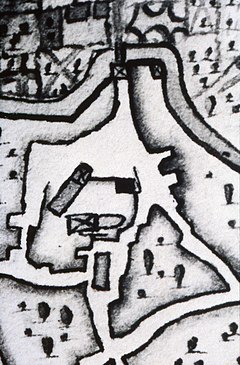 Extrait de plan ancien montrant un quartier d'une ville fortifiée.