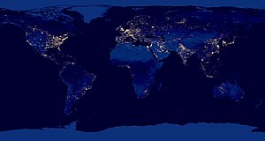 Composite image of the Earth at night in 2012, created by NASA and NOAA. The brightest areas of the Earth are the most urbanized, but not necessarily the most populated. Even more than 100 years after the invention of the electric light, most regions remain thinly populated or unlit. City Lights 2012 - Flat map crop.jpg