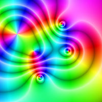 Domain coloring plot of the function ƒ(x) =(x2 − 1)(x − 2 − i)2/(x2 + 2 + 2i). The hue represents the function argument, while the saturation represents the magnitude.