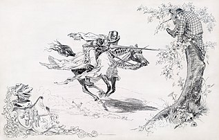 Dessin à la plume de Daniel Carter Beard, publié comme frontispice du roman de Mark Twain, Un Yankee à la cour du roi Arthur, publié aux éditions Charles L. Webster & Cie en 1889. (définition réelle 5 596 × 3 567)