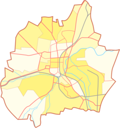 Mapa konturowa Częstochowy, w centrum znajduje się punkt z opisem „Parki podjasnogórskiePark 3 maja i Park im. Stanisława Staszica”