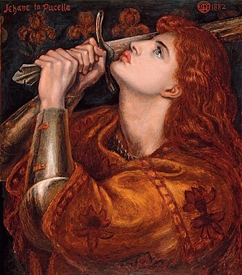 Olejomalbu Jany z Arku dokončil anglický prerafaelita Dante Gabriel Rossetti krátce před smrtí (Joan of Arc, 1882, Fitzwilliamovo muzeum)