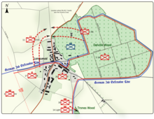 Colour map image depicting town and wood to the right of the town. Shows main access routes and positions of Allied and German forces on 16 July 1916