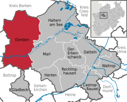 Läget för staden Dorsten i Kreis Recklinghausen