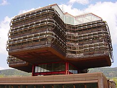 Exterior of the Research and Computing Center showing distinctive structure of four perpendicular cantilevers