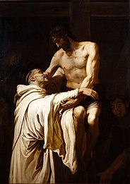 Bernardo de Claraval, doctor de la Iglesia y maestro espiritual de la orden del Císter del siglo XII, representado en la imagen abrazando a Cristo.