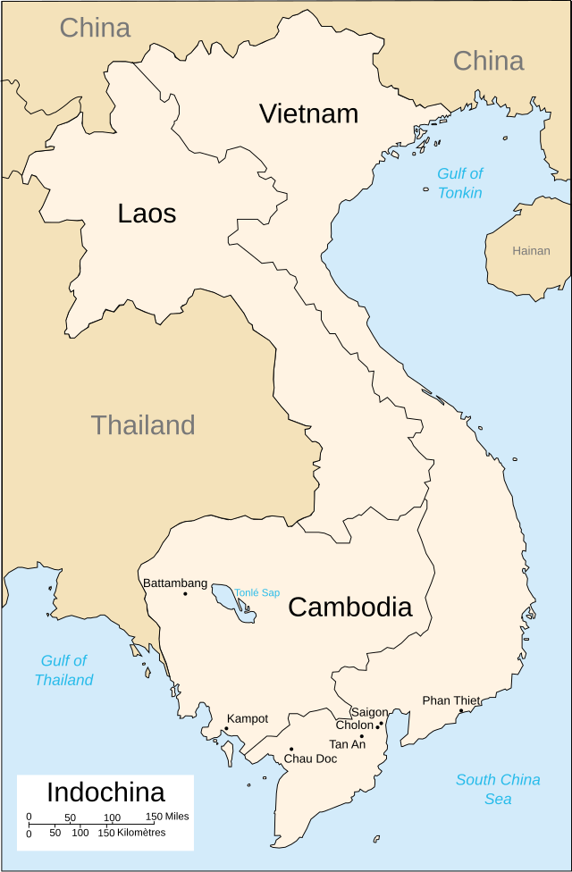 A map depicting bodies of water in light blue and land in beige. The countries in French Indochina, Vietnam, Laos and Cambodia are in a lighter shade than the other countries. Vietnam is an S shaped country bordering the sea. The various towns located on the map detailing Phan Xich Long's locations are in the southern third of the country.