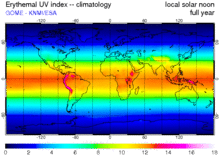 Average UV at noon 1996-2002 (European Space Agency) GOME.uviecclimyear lr.gif