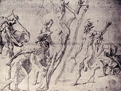 L'Écorchement de Marsyas, dessin à l'encre de Jules Romain (entre 1525 et 1535).