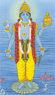 Dhanvantari, God of Ayurveda, appears as Vishnu, holding medical herbs in one hand