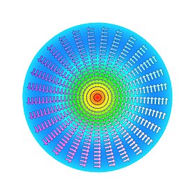 Магнитно поле на вълна Е01 в кръгъл вълновод. Стрелките показват моментната посока на вектора Н, а големината им и цвета на фона – амплитудата на полето.