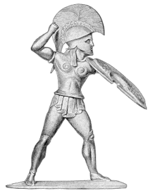 Depiction of an ancient Greek hoplite warrior; ancient Sparta has been considered an inspiration for fascist and quasi-fascist movements, such as Nazism and quasi-fascist Metaxism Hoplit.png