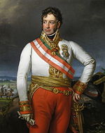 Painting of an overweight man with his left hand on a sword hilt and his right hand holding a glove. He wears a military uniform consisting of a white coat and red breeches with a red and white sash across his shoulder and a gold sash around his waist.