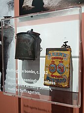 Two suffragette bombs on display at the City of London Police Museum in 2019. The bomb on the left was used in an attempted bombing outside the bank on 4 April 1913, an attack that likely would have caused many casualties had it not been foiled. London - City of London Police Museum, Suffragette bombs.jpg