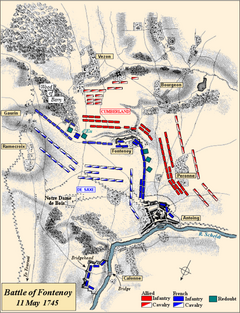 French (blue); Allies (red) Map of the Battle of Fontenoy 1745.png