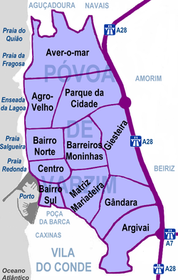 Map of Póvoa de Varzim, with Moninhas being near the center of the city