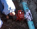 Gate valve being installed on a new water service to a fire hydrant. The valve material is ductile iron.