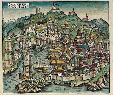 Генуя в 1493 году. Рис. из «Нюрнбергской хроники»