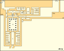 Mapa comentado del templo mortuorio de Nyuserre. Descrito en detalle en la siguiente sección.