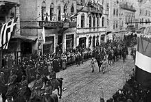 Allied occupation troops marching at the Grande Rue de Pera (Istiklal Avenue) Occupation of Constantinople 3.jpg