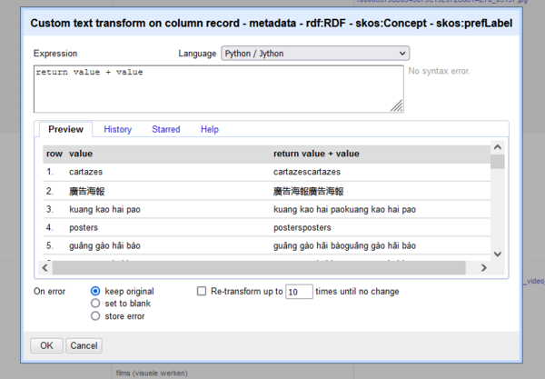 Screenshot of the OpenRefine Column Transform dialogue interface