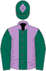 Mauve, dark green stripe and sleeves, dark green cap, mauve diamond