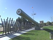 The restored gun barrel from the USS Arizona on display in Wesley Bolin Plaza in Phoenix, Arizona.