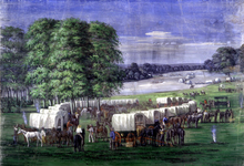 19th century painting of Mormon pioneers crossing the plains of Nebraska Pioneers Crossing the Plains of Nebraska by C.C.A. Christensen.png