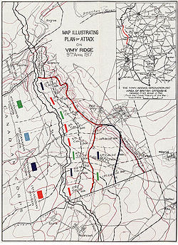 Схема боя, показывающая позиции каждой дивизии и бригад канадского корпуса. На карте показано западное направление атаки по топографии хребта.