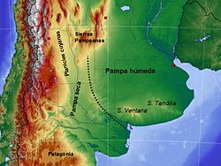A pampa térképe (zölddel) Buenos Airest piros pont jelzi a tengeröbölnél Pampa seca: száraz pampa Pampa húmeda: nedves pampa