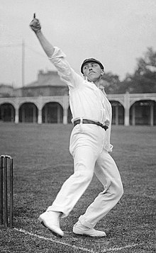 Wilfred Rhodes bowling, seen from the front