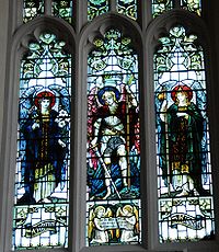 Archangels Gabriel, Michael and Raphael (1899) St Lawrence stained glass.jpg