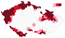 Czech districts with an ethnic German population in 1934 of 20% or more (pink), 50% or more (red) and 80% or more (dark red) in 1935 Sudetendeutsche.png