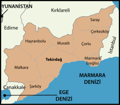 Mapa dos distritos da província de Tekirdağ