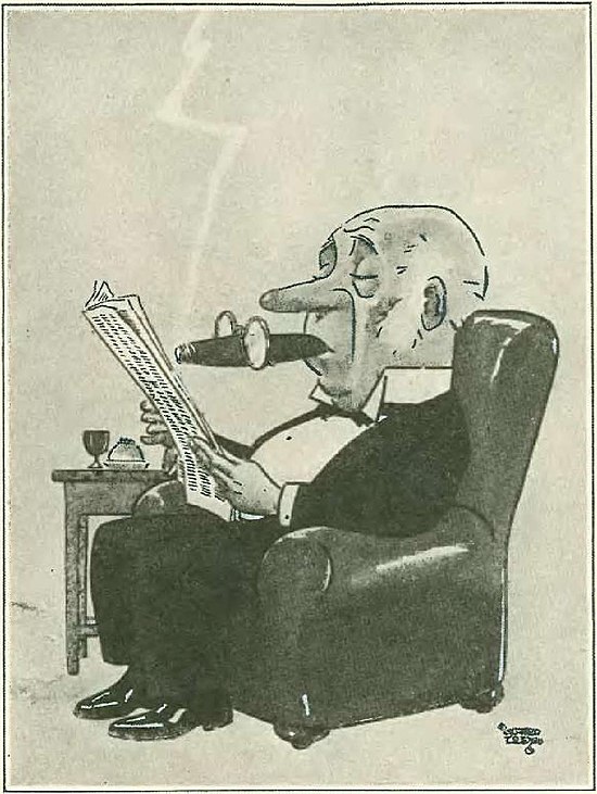 A cartoon of a man in formal attire seated to read a newspaper, with his glasses propped on a comically large cigar