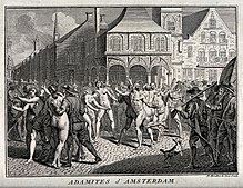 The Adamites were a sect that rejected marriage. Pictured, they are being rounded up for their heretical views. The arrest of Adamites in a public square in Amsterdam. Etch Wellcome V0035701.jpg