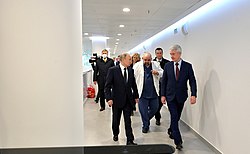 Denis Protsenko (middle), the medical director of the Kommunarka hospital visited by President Putin (left) and Moscow Mayor, Sobyanin (right), tested positive for the coronavirus on 31 March 2020. Vladimir Putin in Kommunarka (2020-03-24) 10.jpg