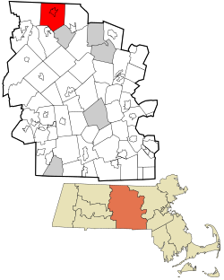 温琴登在伍斯特县及马萨诸塞州的位置（以红色标示）