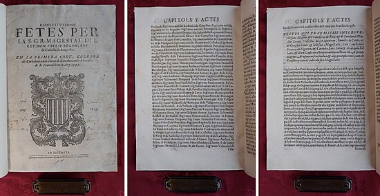 Het Catalaans wetboek uit 1603, waarvan de wetten geformuleerd werden in Barcelona in 1599, tijdens de ‘Corts’, waaraan de Desclergues, inclusief Jeroni Desclergue, deelnamen, zoals op deze facsimile te lezen valt.