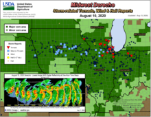 Map of Iowa, Illinois, and Indiana showing storm reports of high winds, tornadoes, and hail overlaid high and low corn production area maps from the USDA.