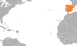 Карта с указанием местоположения Антигуа и Барбуды и Испании
