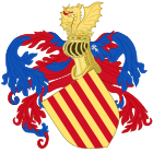 Escudo Real do azure forrado de gules, llambrequins e uma cruz de prata em Ainsa (séculos XVI-XIX)