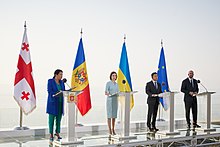 President of Georgia Salome Zurabishvili, President of Moldova Maia Sandu, Ukrainian President Volodymyr Zelenskyy and European Council President Charles Michel during the 2021 International Conference in Batumi. In 2014, the EU signed association agreements with all three countries. Batumi International Conference, on 19 July 2021 03 (cropped).jpg