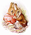 Illustrasjon av Beatrix Potter fra The Tale of Benjamin Bunny (1904). Hennes vakre, vare akvareller av dyr med klær i idylliske, engelske hagemiljøer er preget av samtidens romantiske realisme.
