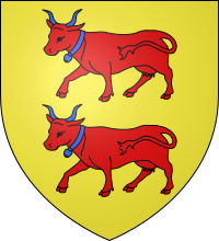 Blason en couleurs avec deux vaches rouges en son centre.