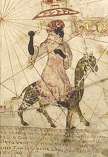 Possible depiction of Abu Bakr ibn Umar (labelled "Rex Bubecar"), in the 1413 portolan chart of Mecia de Viladestes Camel Rider 1413 Mecia Viladestes map.jpg