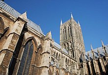 Lincoln Cathedral, showing the central tower. When Stretton was a canon, it was topped by a very tall spire. Central tower - geograph.org.uk - 730790.jpg
