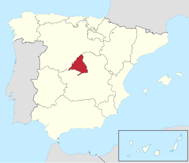 馬德里自治區於西班牙位置圖
