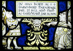 Stained glass window of Alice characters (King and Queen of Hearts) in All Saints' church, Daresbury, Cheshire Daresbury window 5.jpg